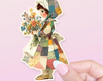 Patchwork Blossom Girl Sticker: Vintage Cottagecore Style Waterproof Sticker