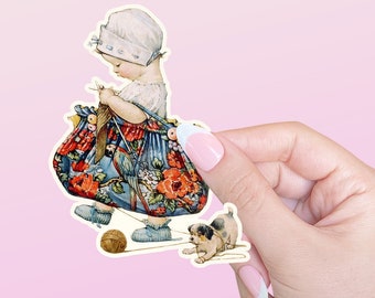 Knitting Baby Sticker: Vintage Style, Water-Resistant Matte (3x3")
