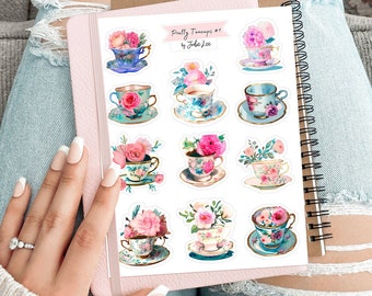 Pretty Teacups #1 Sticker Sheet for Junk Journals, planners, scrapbooking, card-making, planners and more!