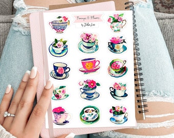 Teacups & Flowers Sticker Sheet #3 for Junk Journals, planners, scrapbooking, card-making, planners and more!