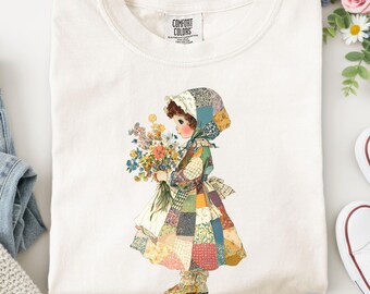Comfort Colors 1717 Women's Tshirt, Patchwork Girl T-Shirt, Cottagecore Prairie Illustration