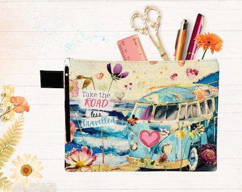 Take the Road Less Travelled Zippered Accessories Pouch, Pencil Case, Art Case, Makeup Bag, Junk Journal Supplies Tote