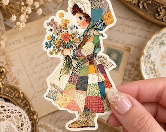 Patchwork Blossom Girl Sticker: Vintage Cottagecore Style Waterproof Sticker