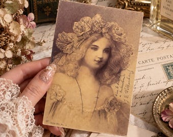 Antique Belle Époque Rose Crown Portrait Postcard | 1904 European Ephemera