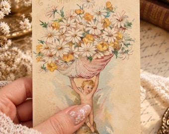 Antique Fairy Cherub Birthday Postcard c.1905 | Rotograph Co. Floral Ephemera