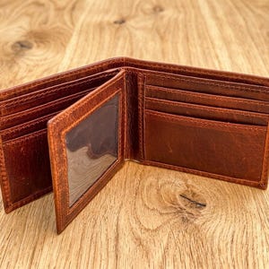 Personalized Brown Leather Bifold Wallet with ID Window & RFID Protection, Leather Wallet for Mens