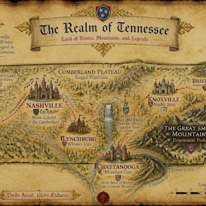 May include: A fantasy-style map titled The Realm of Tennessee, featuring illustrations of castles, mountains, and rivers. It includes labels for cities like Nashville, Memphis, and Chattanooga, a compass rose, a legend, and decorative text on parchment.