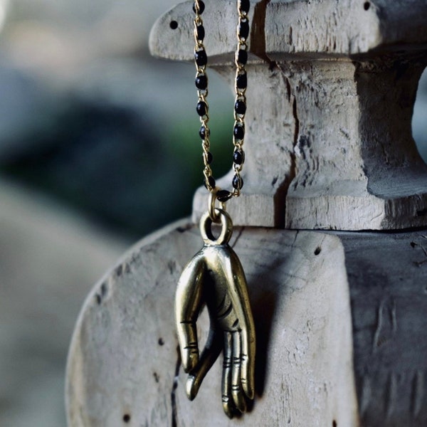 PALM NECKLACE /// Raw Brass Necklace, Open Palm Necklace, Black Chain, Long Necklace, Meditation, Peace