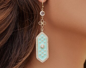 ELOISE DANGLE EARRINGS /// Aqua Blue Enamel, Statement Earrings, Dangle Earrings, Cubic Zirconia, Gifts for her, Birthday Gift