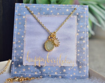 HAPPY BIRTHDAY NECKLACE  /// Gemstone Necklace, Women's Gifts, druzy Layering accessories, Star Necklace, Best Friends, Bohemian Gold
