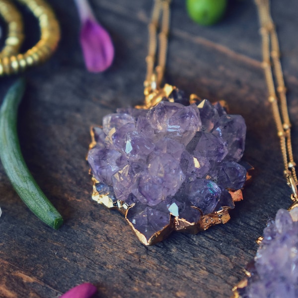 DRUZY FLOWER NECKLACE/// Gold Necklace, Amethyst, Birthday Gift, Gift for her, Bohemian Jewelry, Quartz