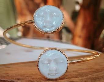 Man in the Moon Bracelet /// Mother of Pearl Moon Face Jewelry, Women's Gifts, Electroformed bangles, Moon, Celestial, Luna