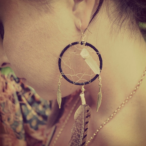 DREAM DANCER /// Earthy Quartz Points Feather Hoop Dreamcatcher Earrings  /// Boho Tribal Earrings /// Gold