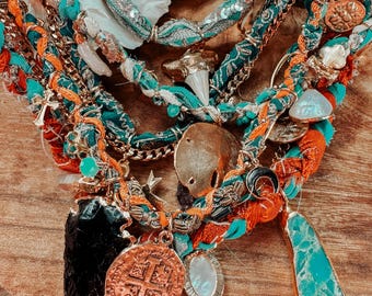 HARLEQUIN Junk Necklace: Vintage Silk, Charm, Gemstone Pendant Statement Necklaces
