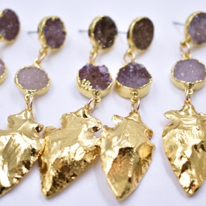 GOLD ARROWHEAD EARRINGS /// Druzy earrings /// 24kt Gold Plate image 1