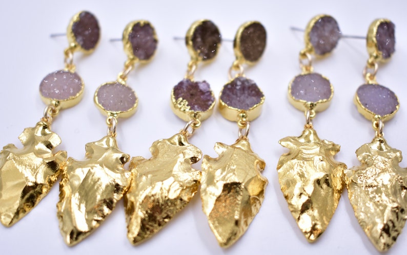 GOLD ARROWHEAD EARRINGS /// Druzy earrings /// 24kt Gold Plate image 1