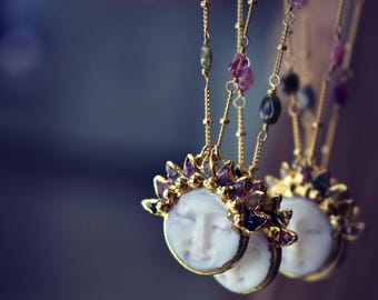 LUNA// Gold moon face, Tourmaline Necklace