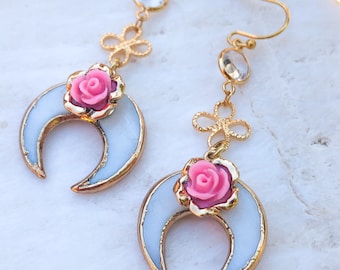 MINI ROSE EARRINGS /// Gold horn Dangles, Bohemian Jewelry, Crescent, Accessories, Gift for her, Womens Christmas gifts, Pink Flower
