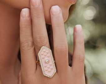 ELOISE RING /// Pink Enamel, Statement Ring, Vintage Inspired, Cubic Zirconia, Art Deco Jewelry, Gold Plated Accessories, Women's Jewelry