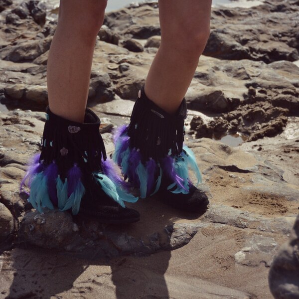 Size 10 /// CALFURAY Violet /// Upcycled Embellished Vintage Moccasin Fringe Boots