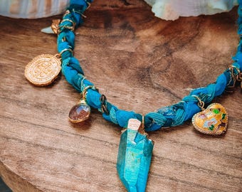 AZURE Aqua Aura Crystal Junk Jewelry: Bohemian Vintage Silk, Charms, shark tooth, Gemstone necklace