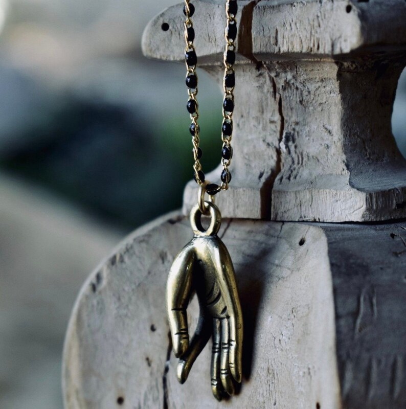 PALM NECKLACE /// Raw Brass Necklace, Open Palm Necklace, Black Chain, Long Necklace, Meditation, Peace image 1