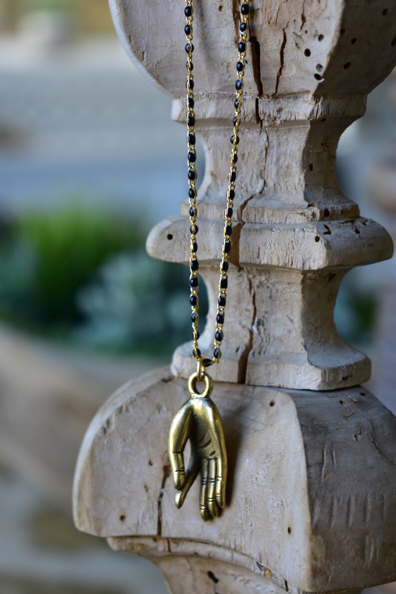 PALM NECKLACE /// Raw Brass Necklace, Open Palm Necklace, Black Chain, Long Necklace, Meditation, Peace image 4