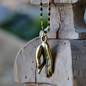 PALM NECKLACE /// Raw Brass Necklace, Open Palm Necklace, Black Chain, Long Necklace, Meditation, Peace image 3