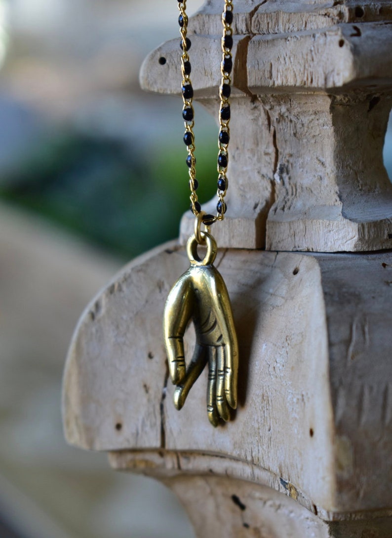 PALM NECKLACE /// Raw Brass Necklace, Open Palm Necklace, Black Chain, Long Necklace, Meditation, Peace image 3