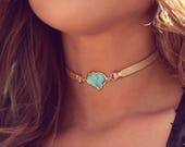 SICILY CHOKER /// Gold Plated, Silver Plated, Turquoise Pendant, Leather Choker, Bohemian Necklace, Festival Jewelry, Gift for her