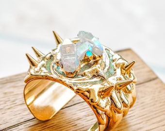 SPIKED MELT CUFF/// Gemstone cuff bracelet /// Opal Aura/Shark Tooth Gold Jewelry /// One of a kind