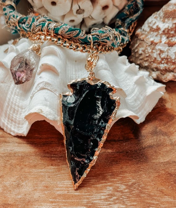 ST JOHNS Necklace: Obsidian Arrowhead, Amethyst, Gemstone Bohemian