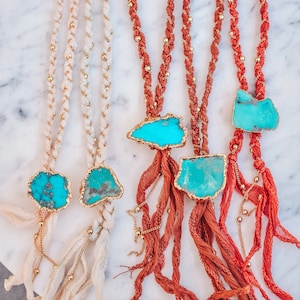 TURQUOISE BOLO NECKLACE /// Turquoise Necklace, Braided Silk, 24k Gold, Bohemian Jewelry
