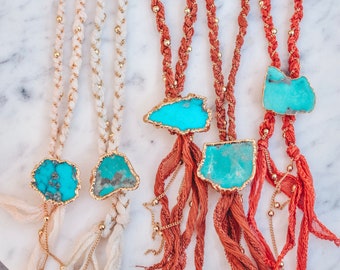 TURQUOISE BOLO NECKLACE /// Turquoise Necklace, Braided Silk, 24k Gold, Bohemian Jewelry