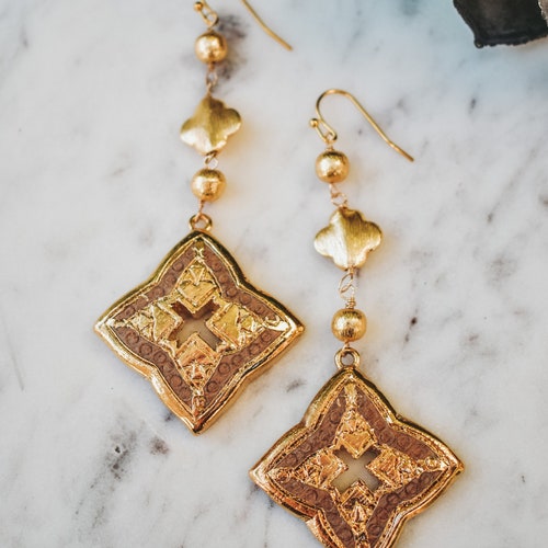 CLEOPATRA EARRINGS /// 24kt Gold Electroformed, Statement, Carved Wood, shops Bohemian, Women's Gold Jewelry, Gifts for her, Gemstone New Age Gems
