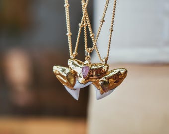 SHARKY NECKLACE // Gold Shark tooth, Gemstone Tourmaline Jewelry