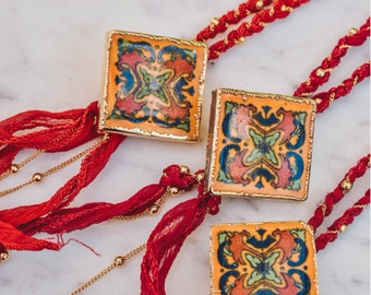 LOLA BOLO NECKLACE /// Tile Necklace, Braided Silk, 24k Gold, Bohemian Jewelry