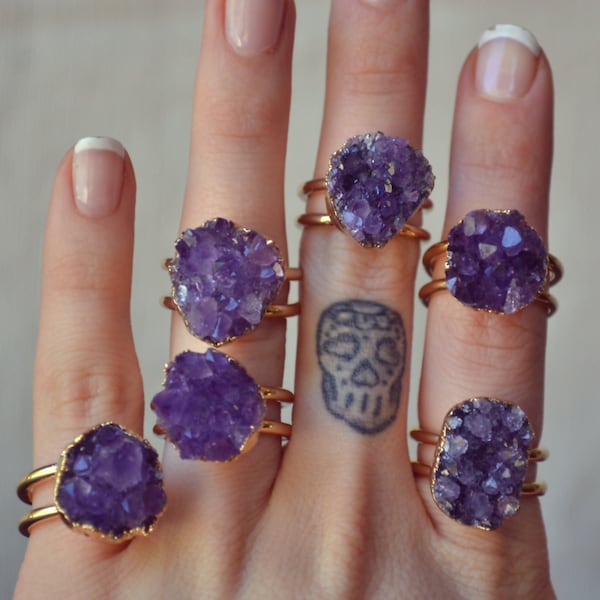 PETITE AMETHYST GALAXY  /// Gold Ring, Double Banded Ring, Amethyst, Gifts for her, Birthday Gift for her, Statement Ring, Bohemian Jewelry