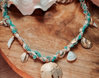 APHRODITE Sand Dollar Junk Necklace: Vintage Silk, Pearls, Shark Teeth, Crystal Charm Statement Necklaces