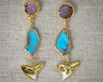 TURQUOISE CHOMP EARRINGS /// Gold Shark Tooth, Amethyst Druzy Gemstone Dangles