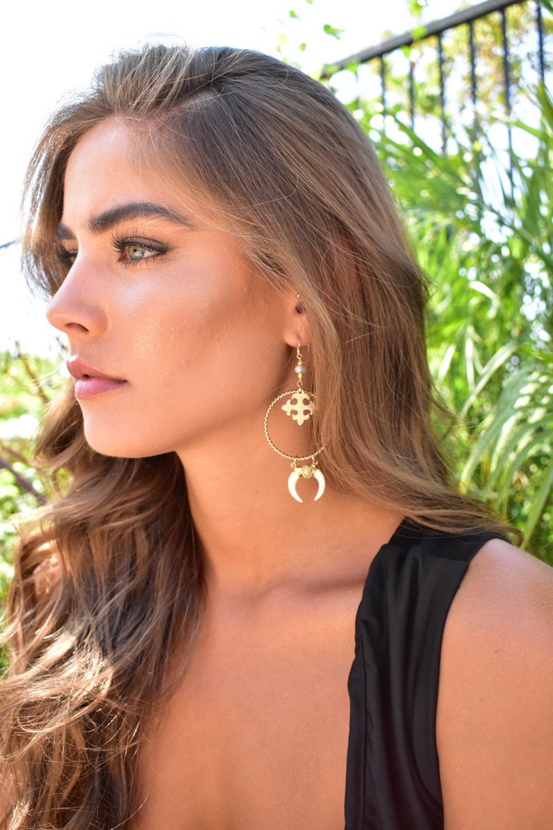 CERES EARRINGS /// Cross Earrings, Bone Horn, Gold Earrings, Accessories, Bohemian Jewelry, Women's Jewelry image 3