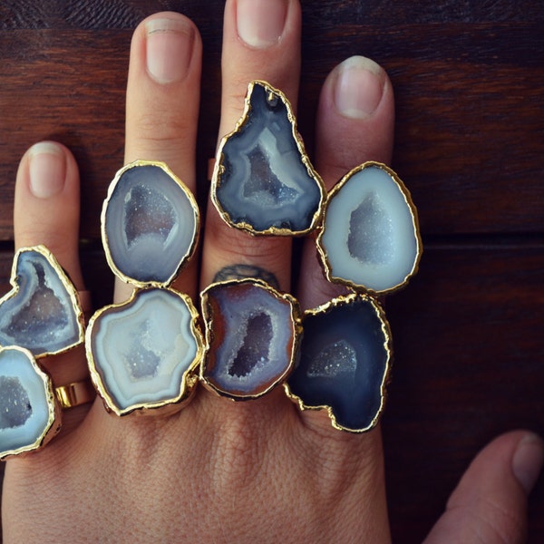 LUX DIVINE /// Large Geode Statement Ring /// Stackable Gemstone Gold Electroformed Ring