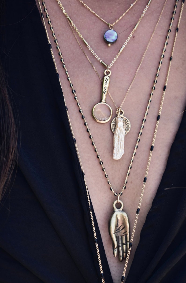 PALM NECKLACE /// Raw Brass Necklace, Open Palm Necklace, Black Chain, Long Necklace, Meditation, Peace image 8