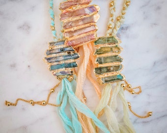 EOS BOLO NECKLACE /// Crystal Necklace, Braided Silk, 24k Gold, Bohemian Jewelry