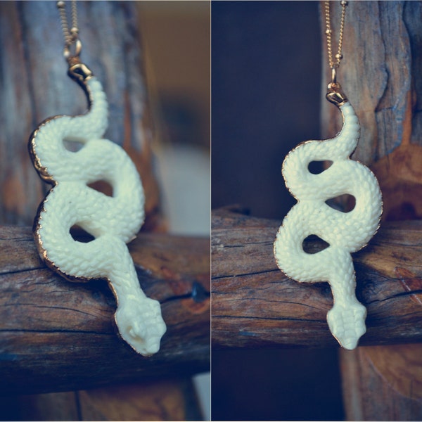 SNAKE BONE NECKLACE  ///  Gold Necklace, White Snake Pendant, Statement Necklace, Layering Necklace, Festival Jewelry, Gift for her