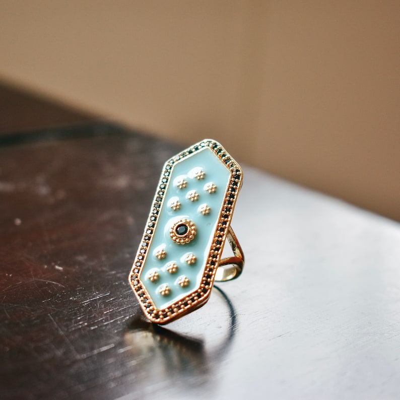 BAGUE ELOISE /// Émail bleu turquoise, bague tendance, inspiration vintage, zircons cubiques, bijoux art déco, cadeaux pour elle, bijoux pour femme image 3