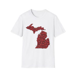 Michigan Cherries Unisex Softstyle T-Shirt, State of Michigan Cherry Outline Shirt, Fruit Lover Gift Tee, Cherry Pickers Shirt, Michigan