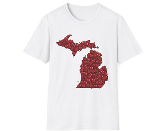 Michigan Cherries Unisex Softstyle T-Shirt, State of Michigan Cherry Outline Shirt, Fruit Lover Gift Tee, Cherry Pickers Shirt, Michigan