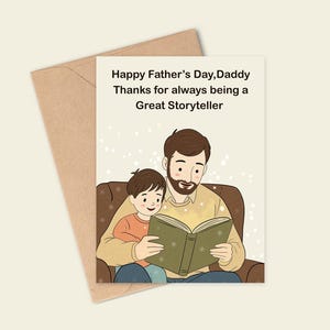 Carte fête des pères avec enfant Illustration mignonne pour papa et enfant Carte géniale avec un conteur Carte pour papa attentionnée Cadeau pour papa et enfant