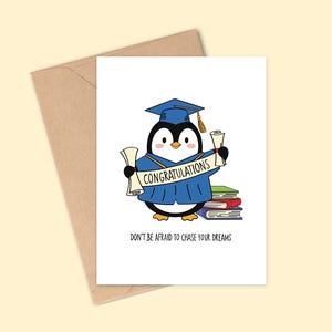 Bonita tarjeta de graduación de pingüino, felicitaciones, tarjeta inspiradora para graduados, universidad y escuela secundaria.
